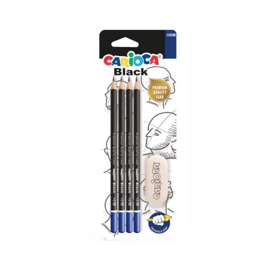 Set 4 creioane grafit CARIOCA Black HB + radiera