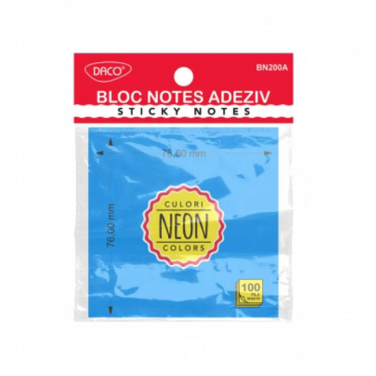 Bloc notes adeziv 76x76 albastru neon DACO BN200A