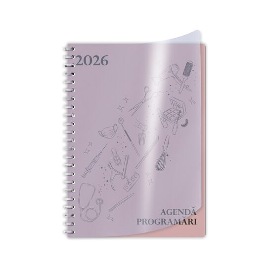 Agenda A5 pentru programari datata zilnic 2026 192 pagini, spirala, coperta carton model Pink si supracoperta PriPlak