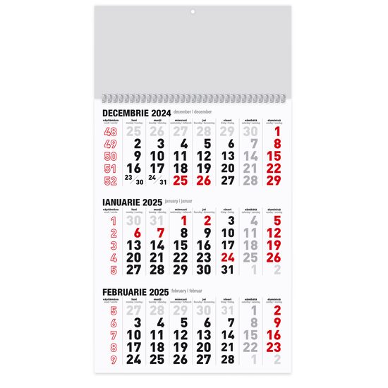 Calendar triptic A3 2025 12 file hartie mata, negru si rosu