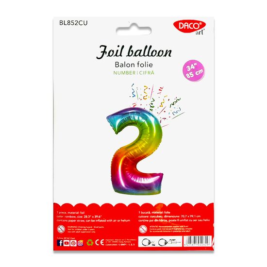 Balon folie cifra 2 curcubeu 85 cm DACO BL852CU