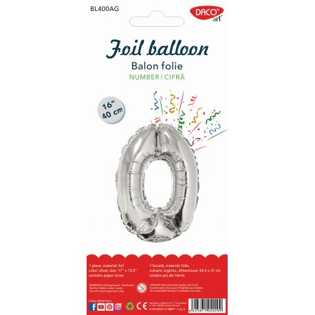 Balon din folie cifra 0 argintiu 40 cm DACO BL400AG