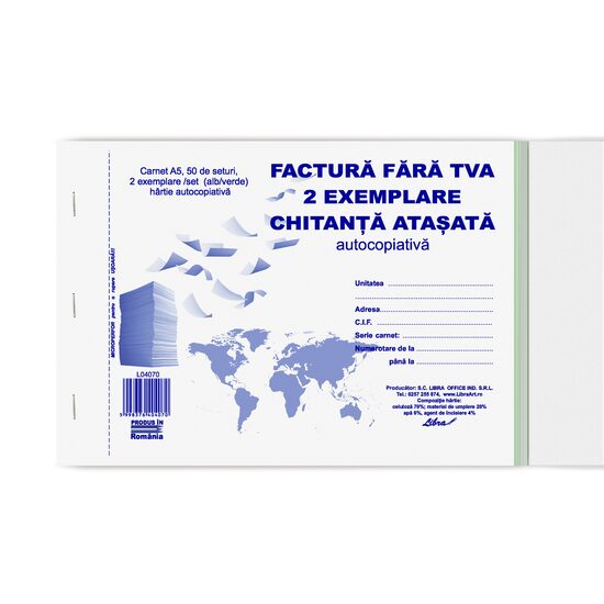 Factura A5 2 exemplare fara TVA cu chitanta atasata autocopiativa - L04070