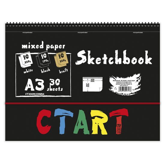 Caiet de schite A3 mixed paper, 30 coli, 10 coli alb 250g, 10 coli negru 170g, 10 coli kraft