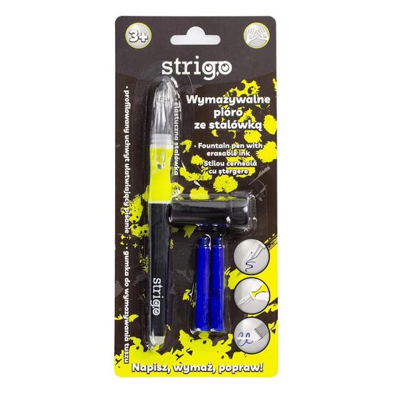 Stilou cu radiera Strigo + 2 rezerve + dispozitiv curatare - galben neon SSC338