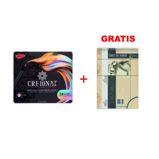 Set creioane color 24 culori pastel cutie metalica DACO CC324P+Bloc schite A4 30 file carton de 150g Libra