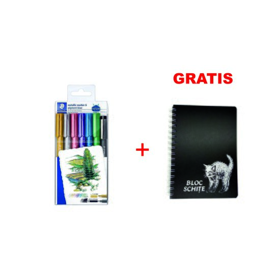 Marker metalic set 6+1 pigment Staedtler + Bloc desen si schite A5 hartie neagra 50 coli 120 g coperta plastic