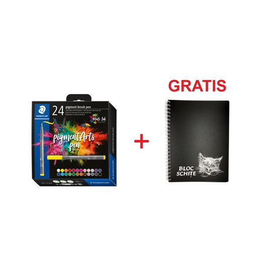 Pigment liner set 24 brush 371 C24 + Bloc desen si schite A4 hartie neagra 50 coli 120 g coperta plastic