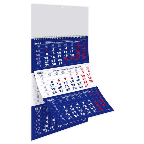 45 + 5 GRATIS Calendar triptic A3 2026 12 file hartie lucioasa, albastru si rosu