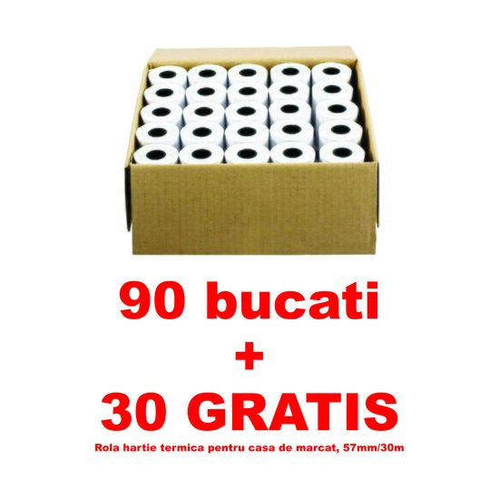 90 bucati + 30 GRATIS Rola hartie termica pentru casa de marcat, 57mm/30m