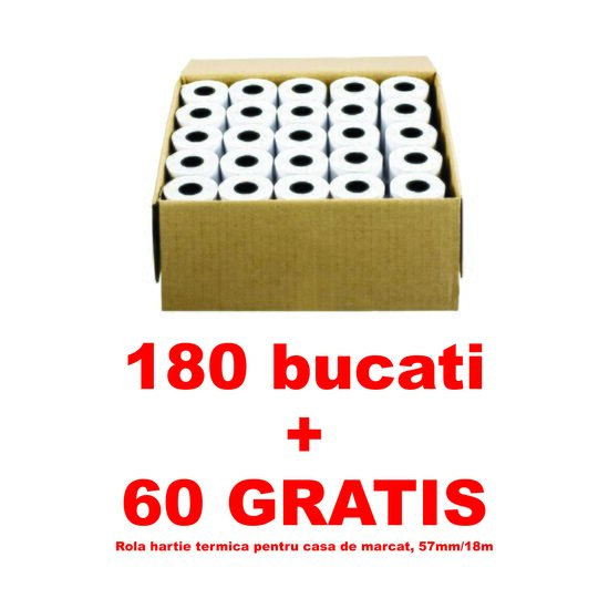 180 bucati + 60 GRATIS Rola hartie termica pentru casa de marcat, 57mm/18m