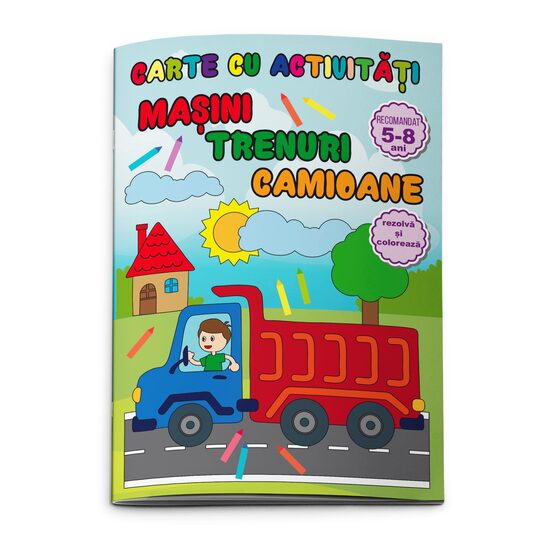 Carte de colorat si activitati - MASINI-TRENURI-CAMIOANE 5-8 ANI, A4 24 pagini 