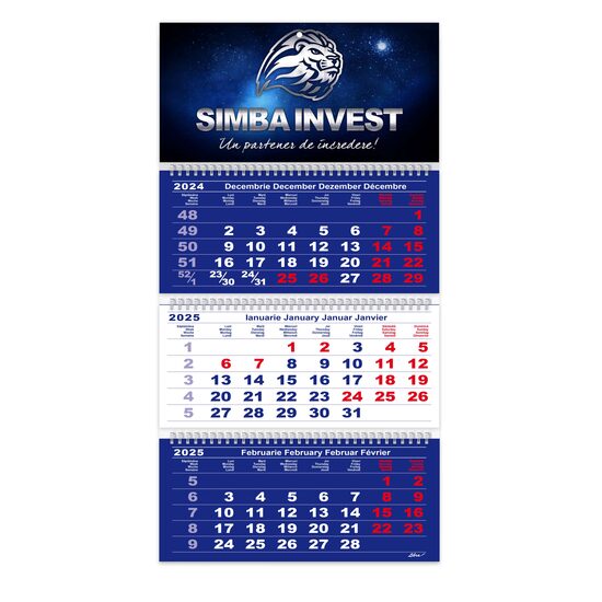 Calendar triptic pliabil 2025 12 file hartie lucioasa, albastru si rosu PERSONALIZAT