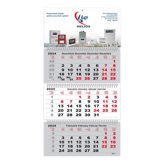 Calendar triptic pliabil 2025 12 file hartie lucioasa, gri si rosu PERSONALIZAT
