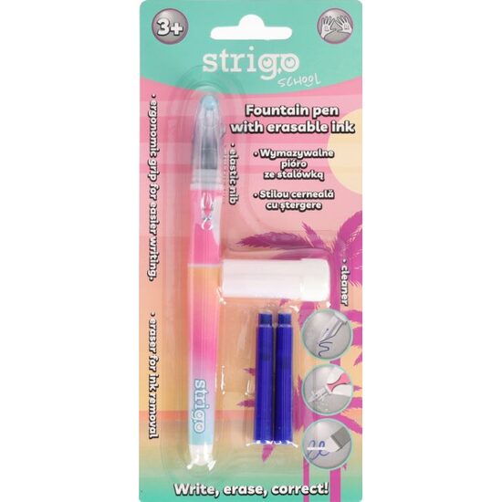 Stilou cu radiera Strigo + 2 rezerve + dispozitiv curatare-roz fluo SSC468
