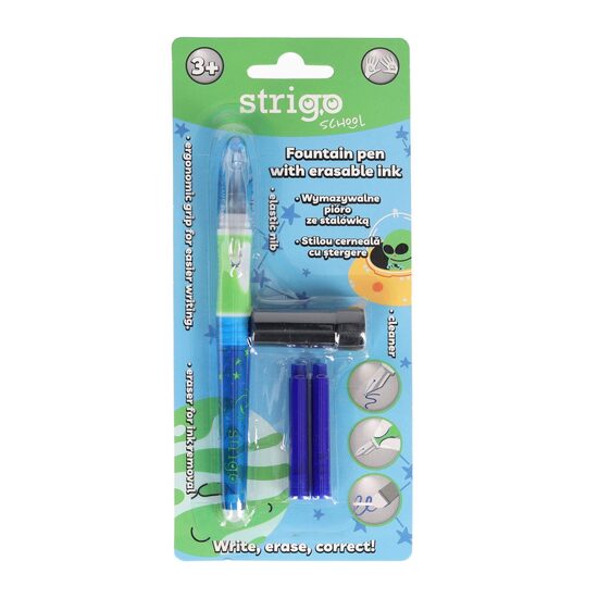 Stilou cu radiera Strigo + 2 rezerve + dispozitiv curatare-albastru stele SSC473