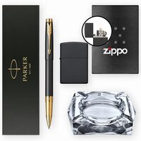 Set Roller Parker Aster Mat Black + Zippo + Scrumieră
