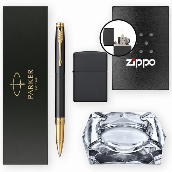 Set Roller Parker Aster Mat Black + Zippo + Scrumieră