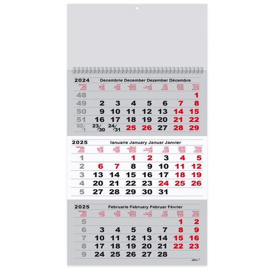 Calendar triptic A3 2025 12file hartie lucioasa, gri si rosu